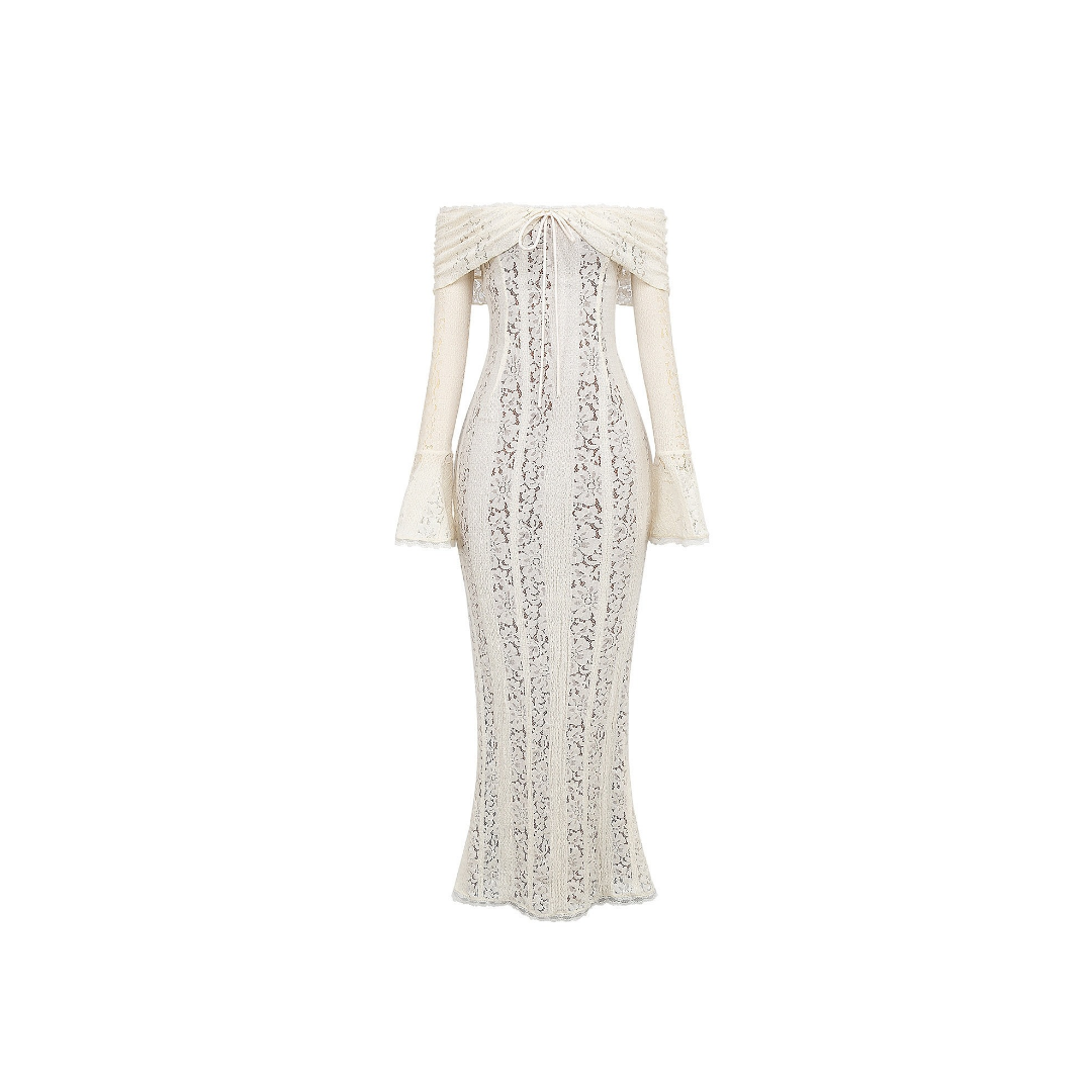 Celestia Lace – Elegantes Spitzenkleid mit Trompetenärmeln